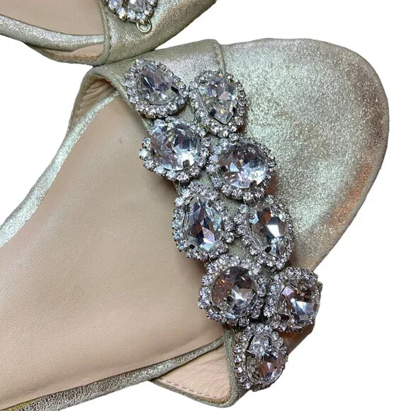 New Badgley Mischka Gold Leather Embellished Chunky Heels Ankle Strap Size 6 - Picture 4 of 10